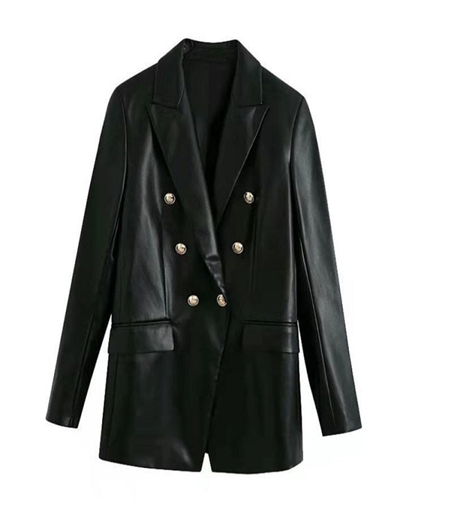 Black Faux Leather Long Sleeve Double-breasted  Female Jacket