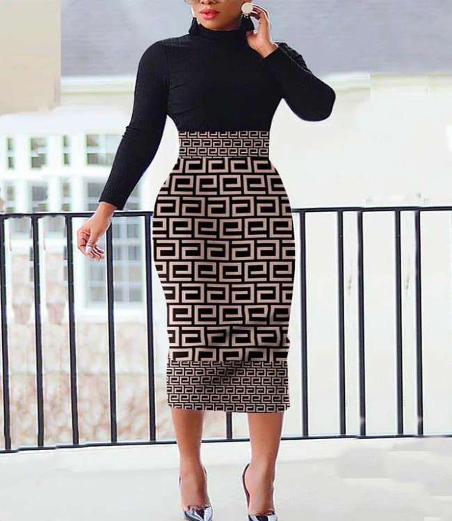 Printed Patchwork Turtleneck Wrapped Skirt