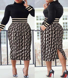 Printed Patchwork Turtleneck Wrapped Skirt