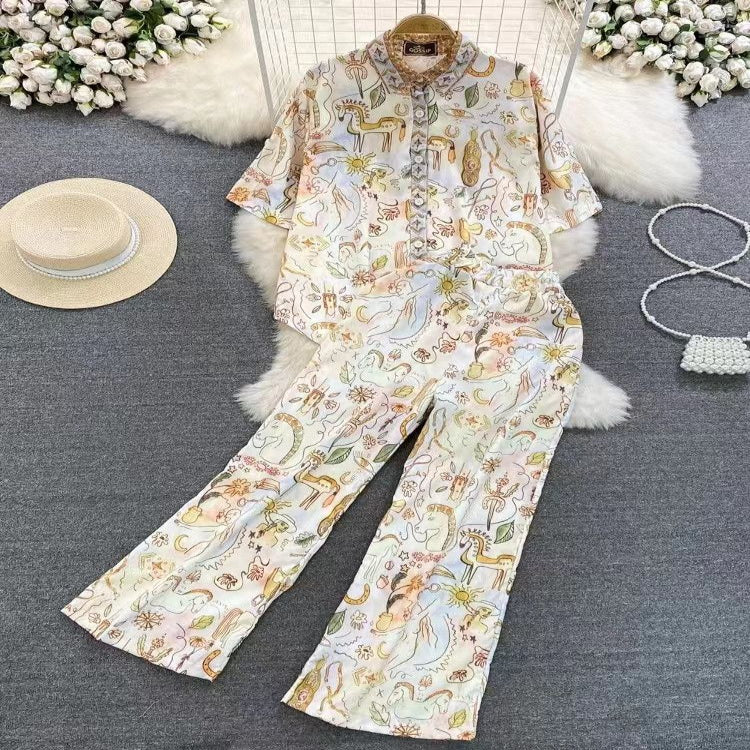 Printed single breasted shirt and wide leg pant set